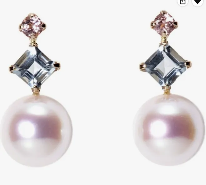 Aretes japoneses de perlas cultivadas Akoya de 0.2 in con aguamarina y turmalina rosa para mujer con oro rosa de 18 quilates | Diseño elegante excelente regalo | Aretes de perlas