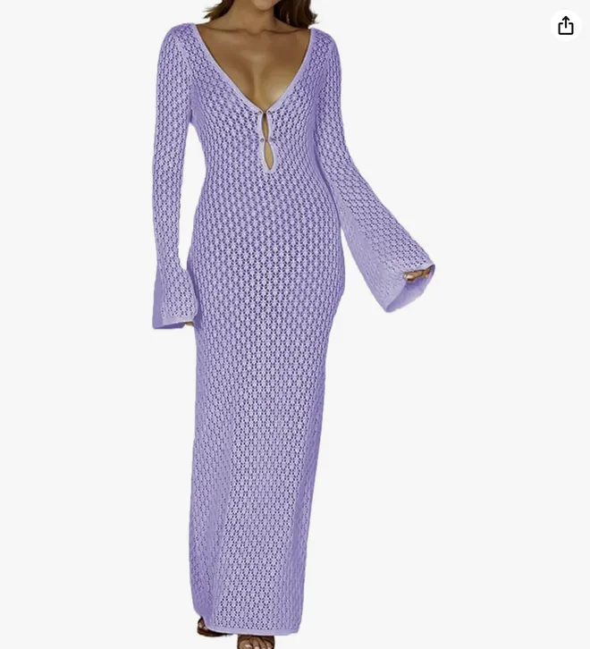Leoparts Salida de baño de ganchillo para mujer, sexy, cuello en V, hueco, sin espalda, maxi vestido de playa para bikini