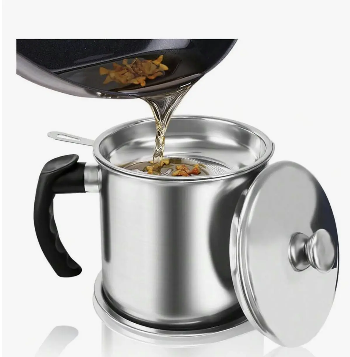 Recipiente para grasa de tocino con colador, 1.3L (Fl. Oz. Recipiente de acero inoxidable para aceite de cocina con colador y bandeja antideslizante para almacenar aceite de fritura de carne y grasa de cocina, decoración del hogar, fiesta & almacenamiento