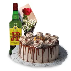 Botella de whisky JB + tarta de nata + Rosa