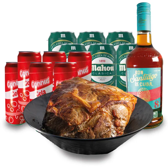Cerdo + Cervezas y refrescos + Ron Santiago