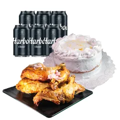 Pollo asado + cerveza + tarta 