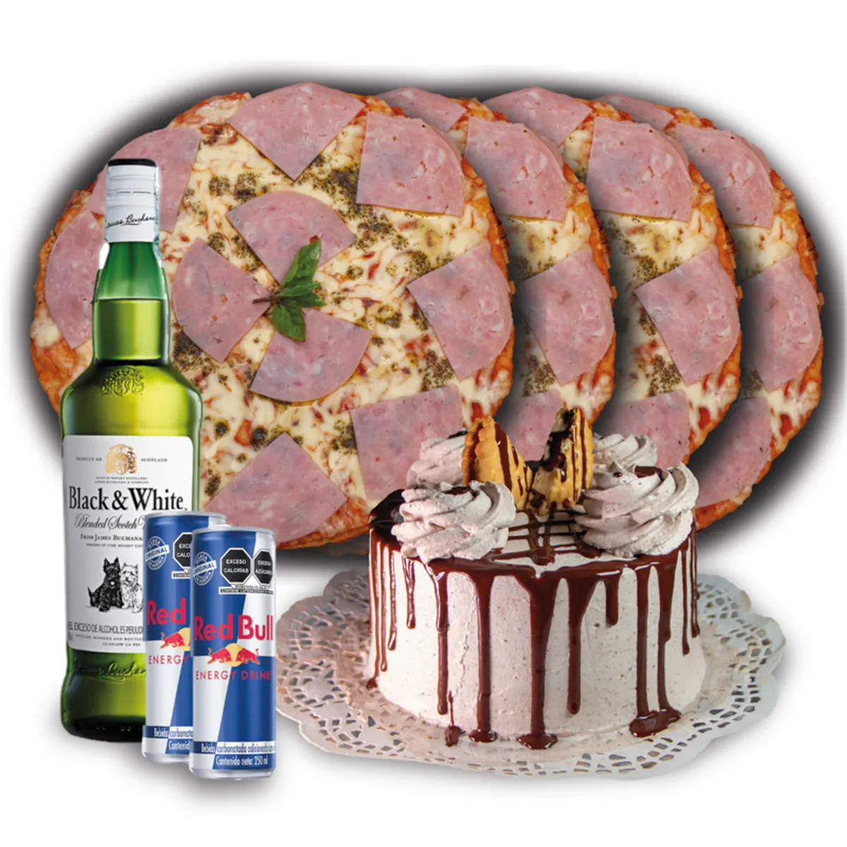 Mini tarta + pizzas + whisky 
