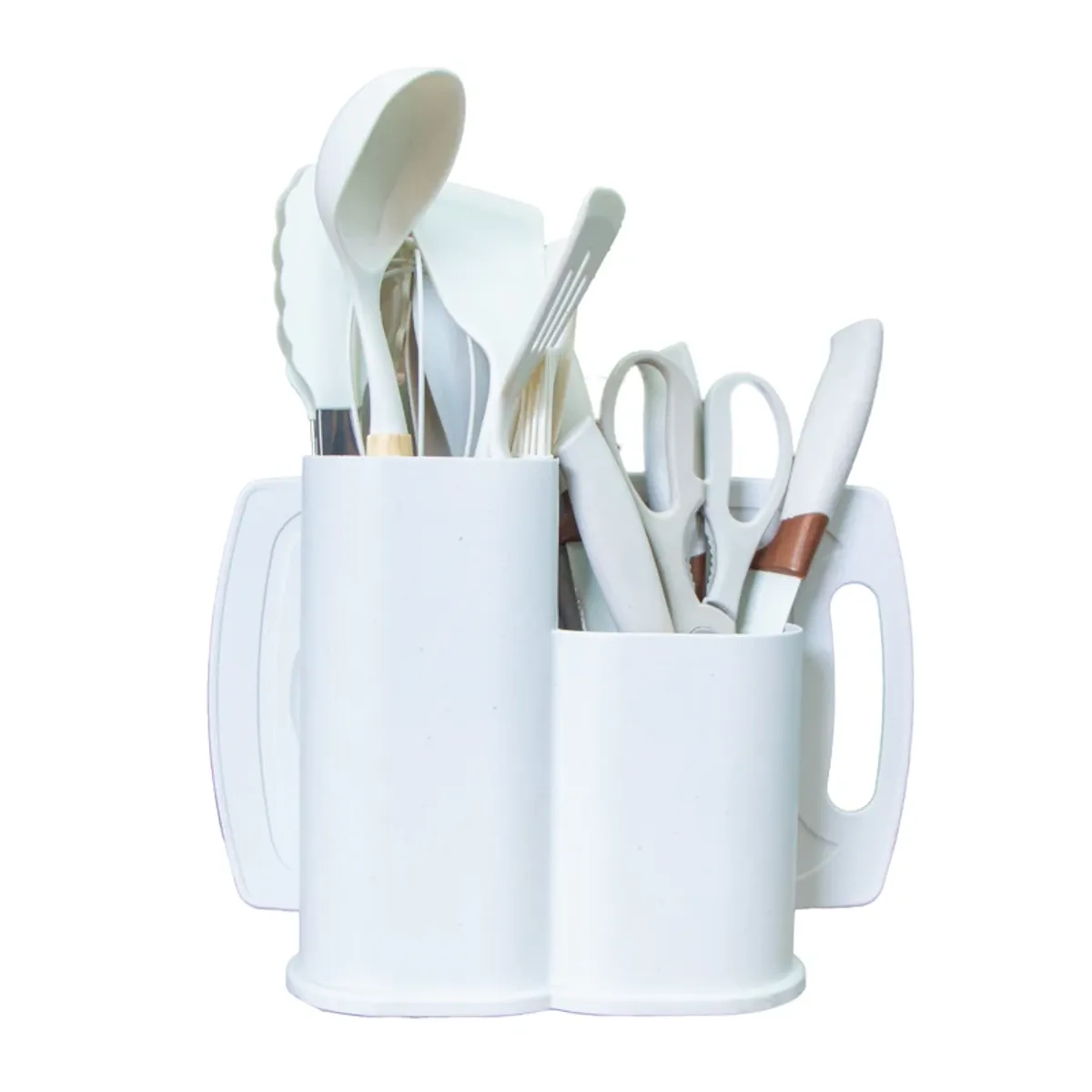 Set de utensilios de cocina de silicona y madera, color blanco, 19 u
