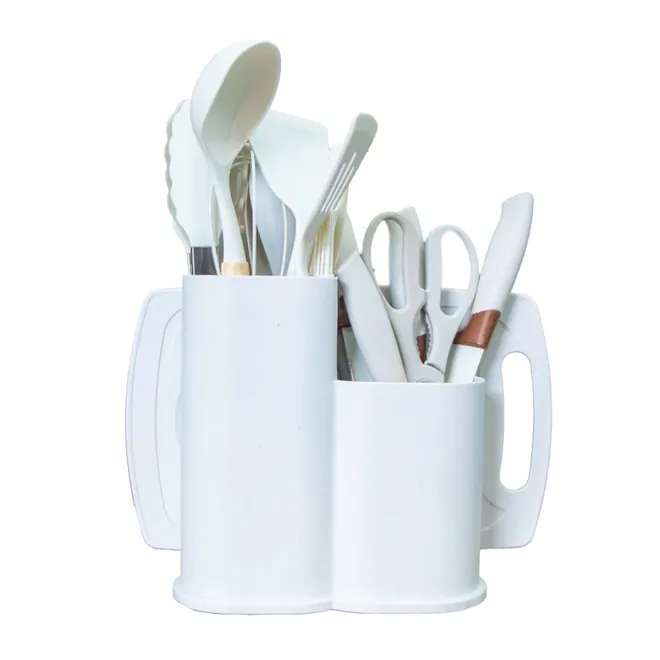 Set de utensilios de cocina de silicona y madera, color blanco, 19 u