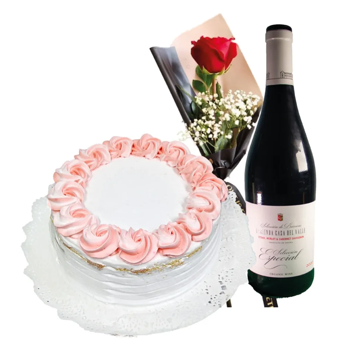 Tarta de nata + botella de vino + Rosa 