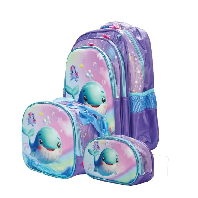 Mochila de tres piezas para niñas con diseño 3D (42 cm x 33 cm) Diseño 2 Ballena