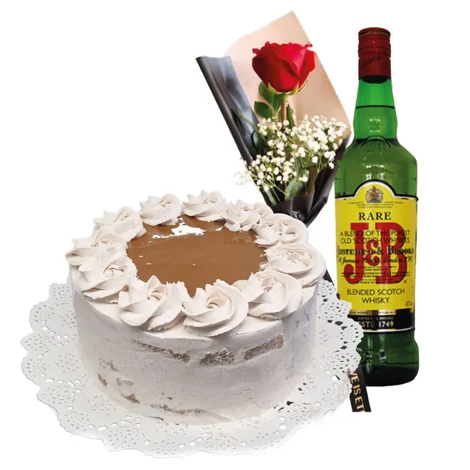Botella de whisky JB + tarta de nata + Rosa
