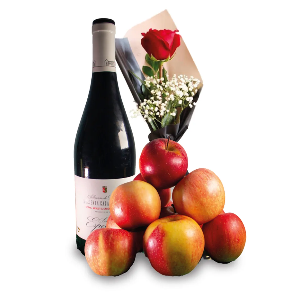 Botella de vino + Manzanas + Rosa
