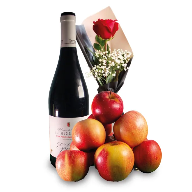 Botella de vino + Manzanas + Rosa