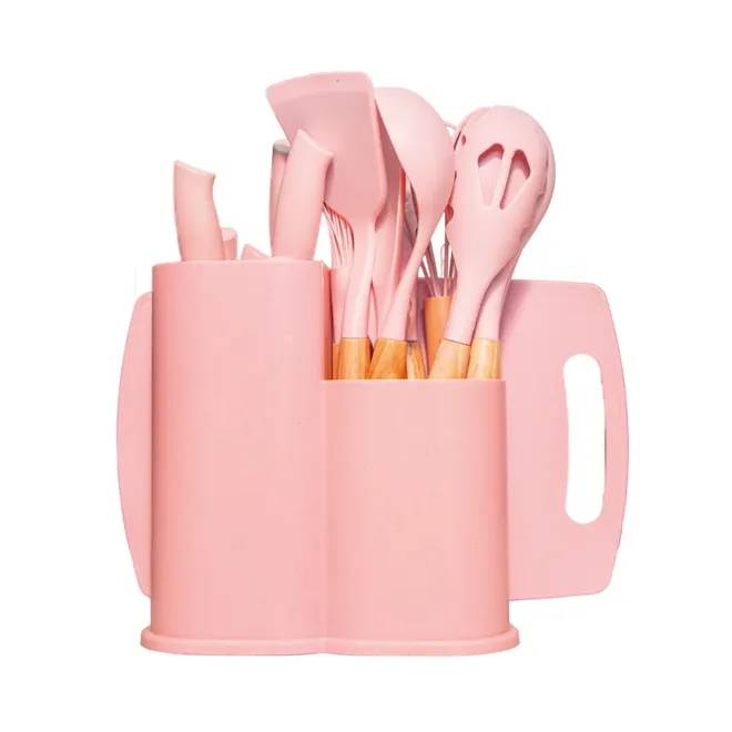 Set de utensilios de cocina de silicona y madera, color rosado, 19 u
