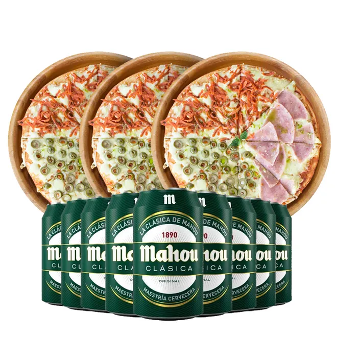 Combo de pizzas mixtas y cervezas