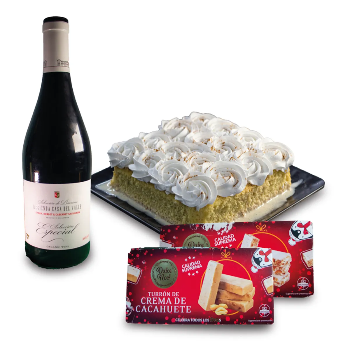 botella de Vino y dulce Tres leches