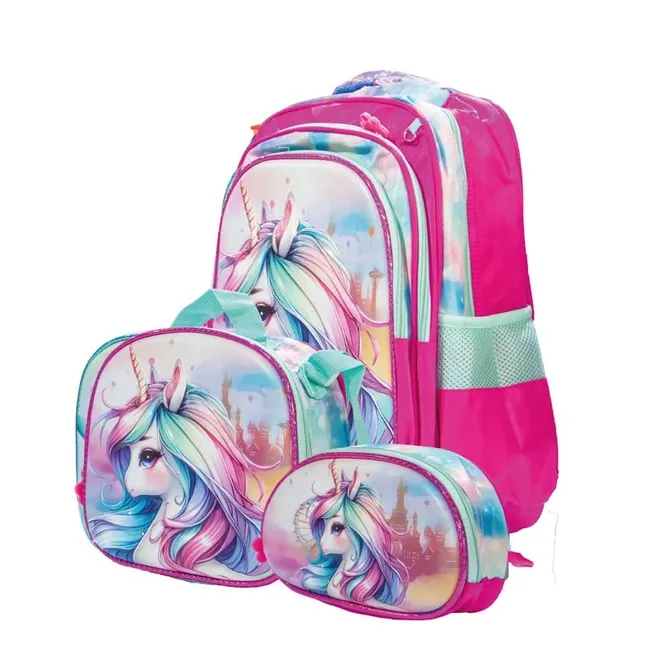 Mochila de tres piezas para niñas con diseño 3D (42 cm x 33 cm) Diseño 1 Unicornio