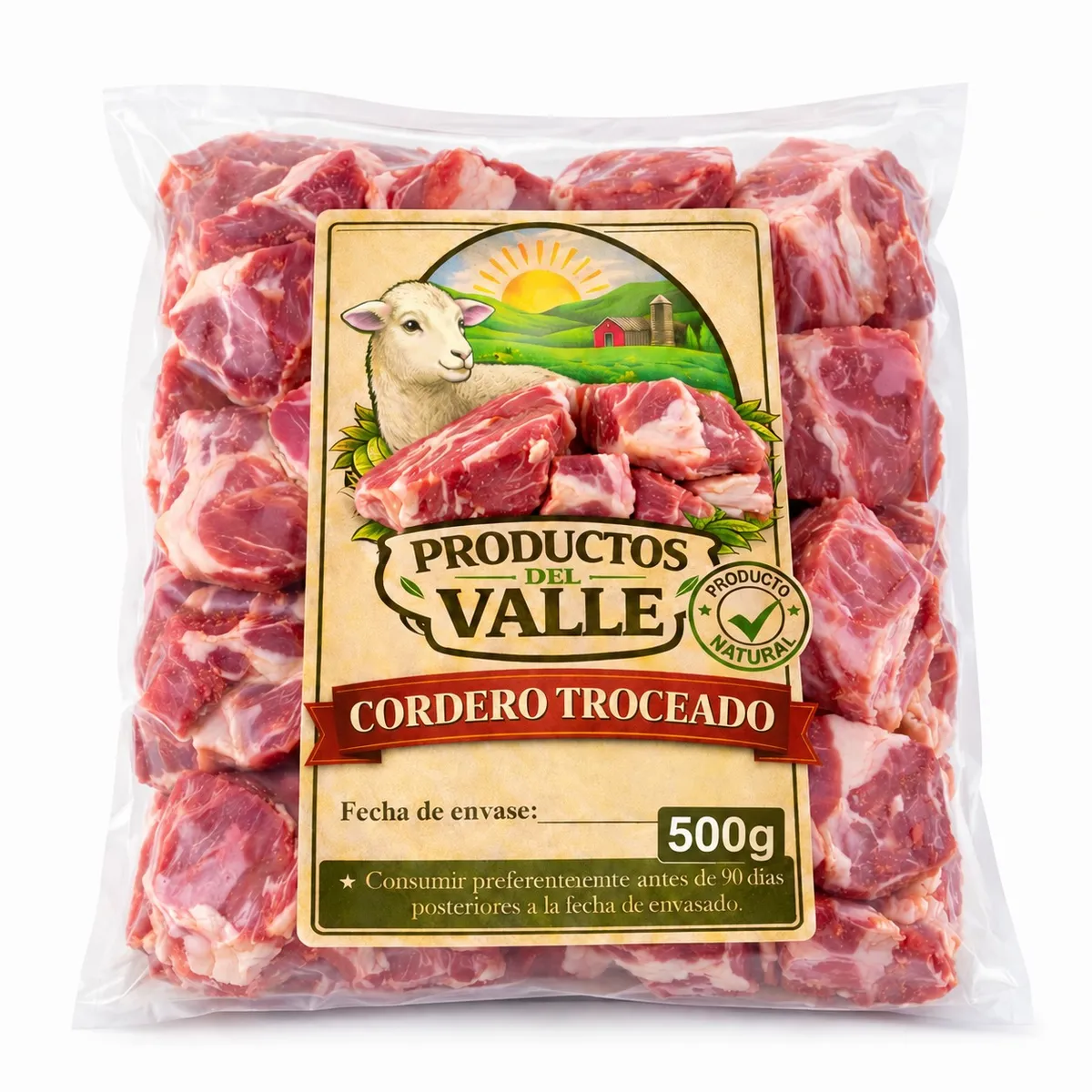Carne troceada de cordero, 500 g, Productos del Valle