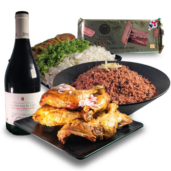 Cena pollo asado + guarniciones + vino