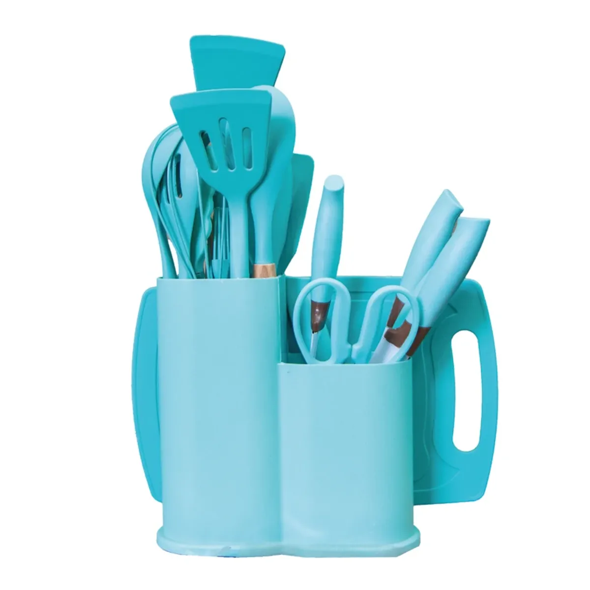 Set de utensilios de cocina de silicona y madera, color azul, 19 u