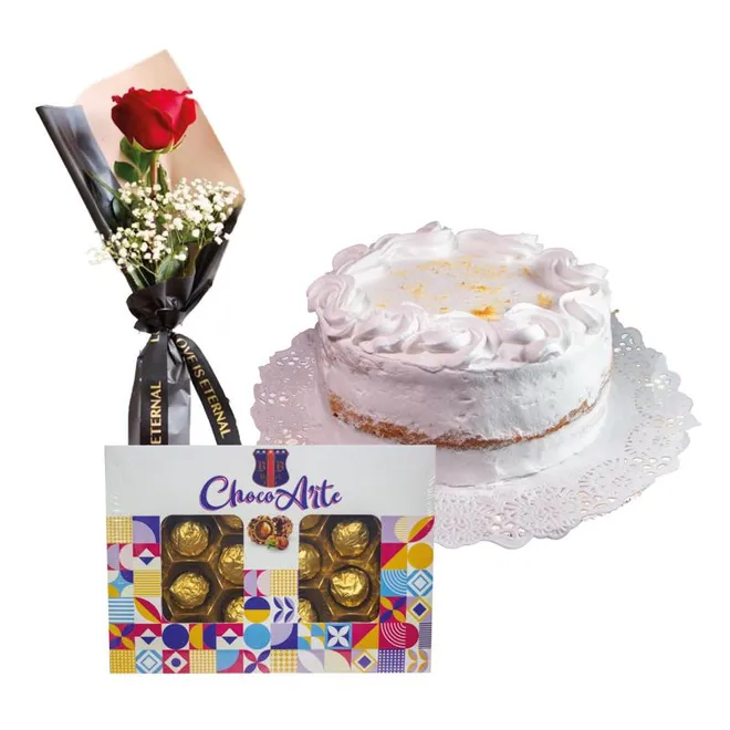 Regalo Tarta de nata + Bombones + Rosa 
